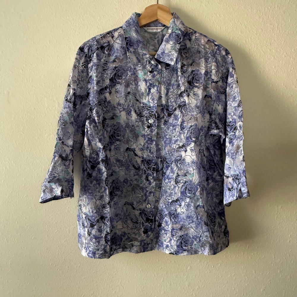 Allison Daley Petite Blue Purple Floral Burnout 3/4 Sleeve Button Blouse 10P